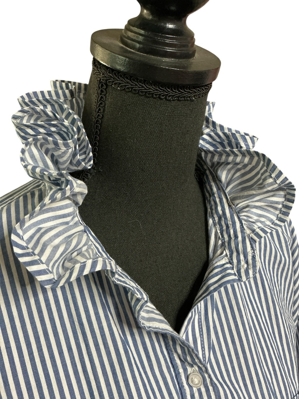 Ruffle Collar Boyfriend Fit Upcycled Stiped Button Down Shirt Large
